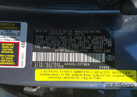 2011 Toyota Camry Le из США, поврежденный, VIN 4T1BF3EK3BU647258